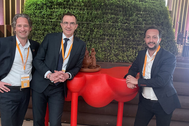 Koppert at the Dutch Pavilion of the World Expo Dubai (from left to right: Mattijs Bodegom, Koppert Marketing Communication Manager, Eric Egberts, Dutch Greenhouse Delta CEO, and Yassin Lahiani, Export Manager Middle East, Africa and India)