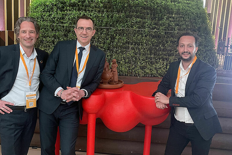 Koppert at the Dutch Pavilion of the World Expo Dubai (from left to right: Mattijs Bodegom, Koppert Marketing Communication Manager, Eric Egberts, Dutch Greenhouse Delta CEO, and Yassin Lahiani, Export Manager Middle East, Africa and India)