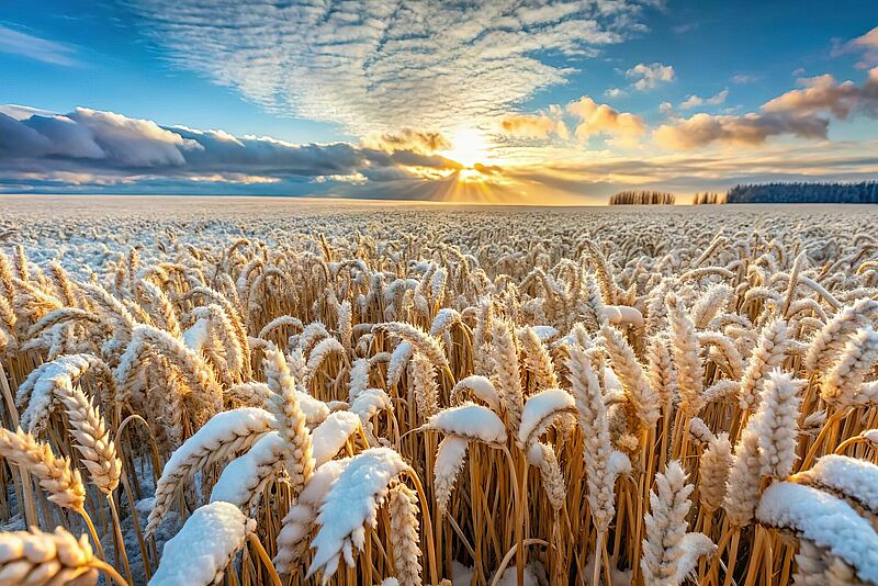 Wheat field crop with snow in cold winter